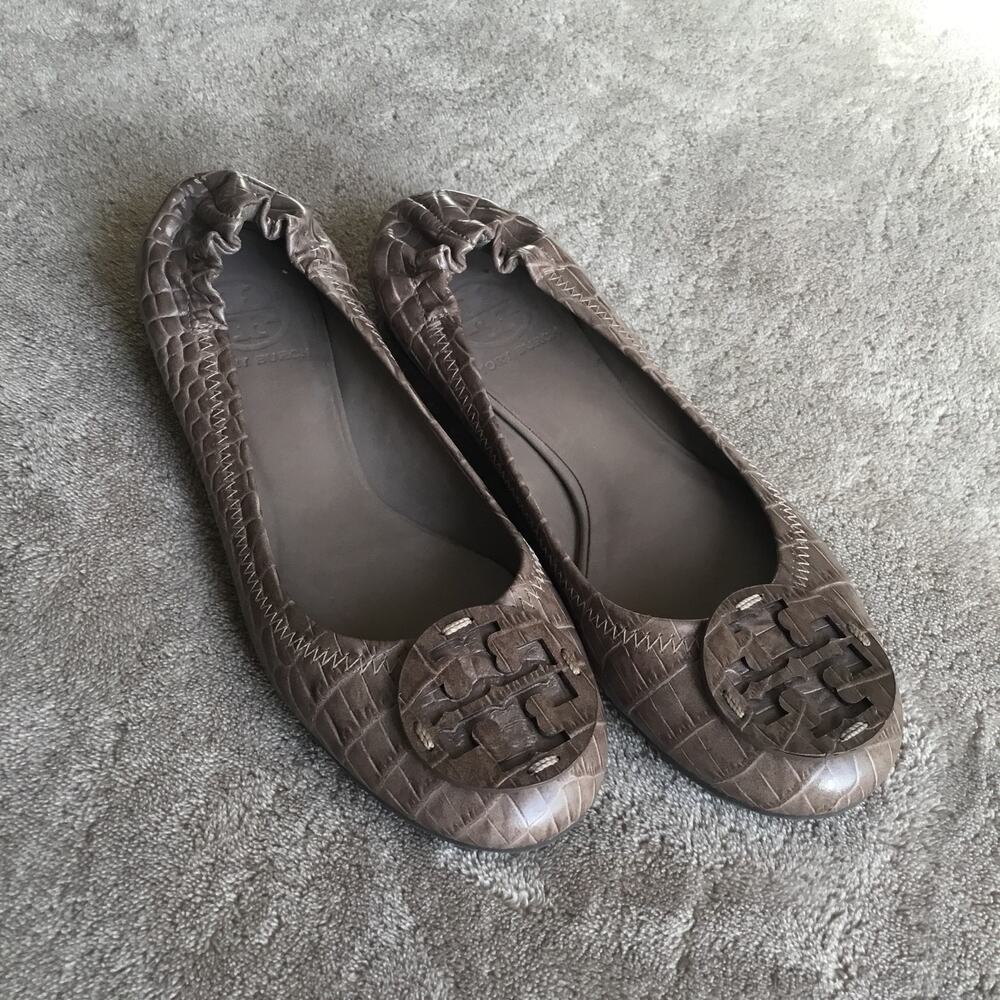 Tory Burch Reva Ballet Flats Snakeskin Embossed Leather Beige Womens Sz 6